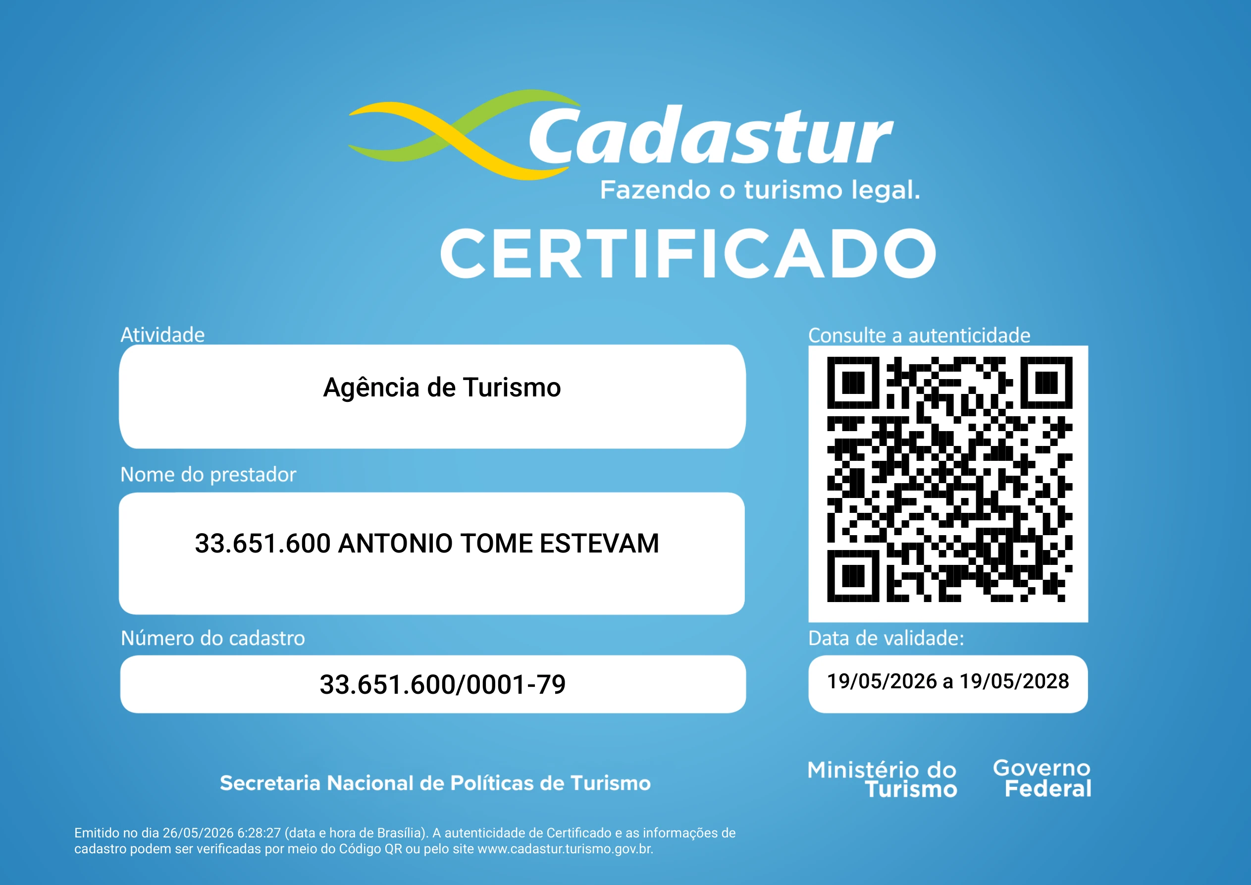 Certificado CADASTUR - Ministério do Turismo - Agência ATTURISMO